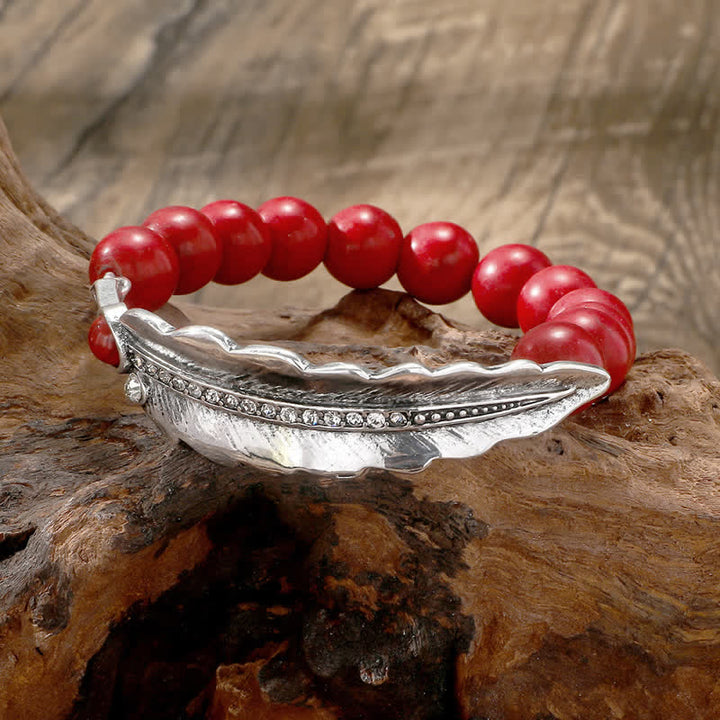 Olivenorma Bohemia Round Turquoise Beads Alloy Leaf Bracelet - Red Turquoise - image 4