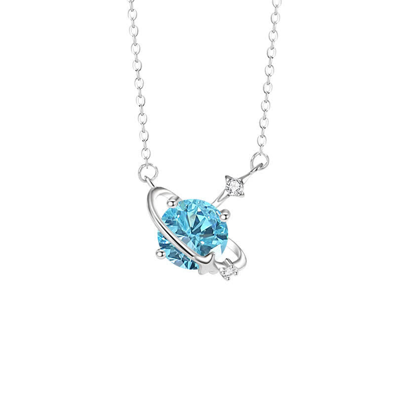 Olivenorma Colored Zircon Birthstone Planet Pendant Sterling Silver Necklace - March-Aquamarine - image 5