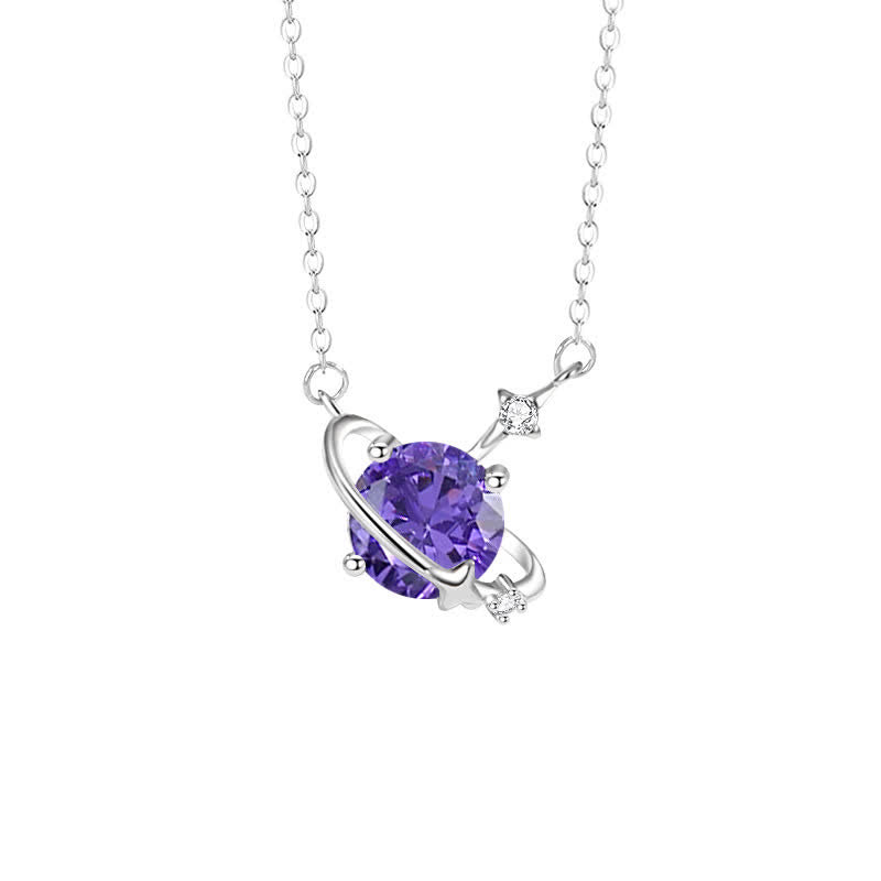 Olivenorma Colored Zircon Birthstone Planet Pendant Sterling Silver Necklace - February-Amethyst - image 4