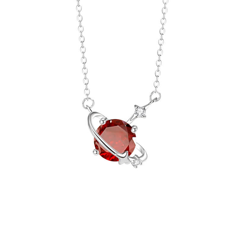 Olivenorma Colored Zircon Birthstone Planet Pendant Sterling Silver Necklace - January-Garnet - image 1