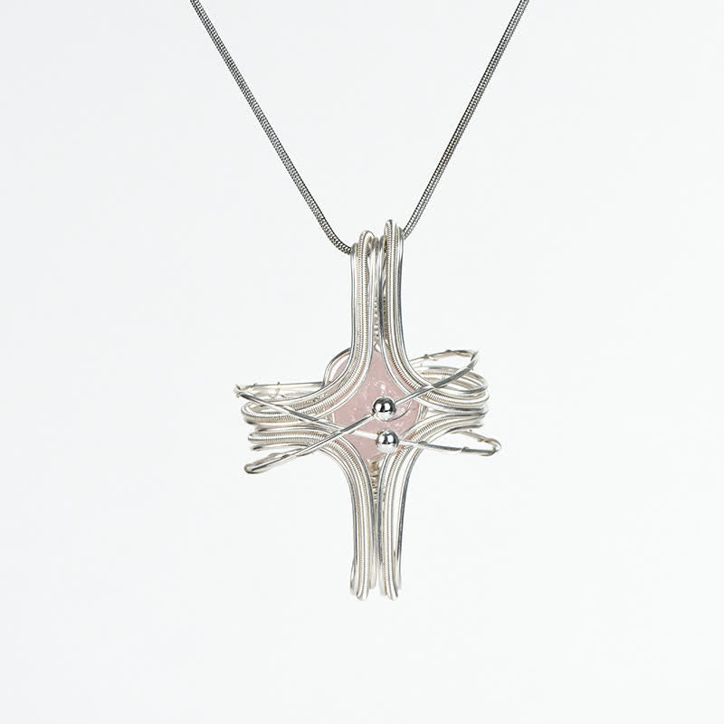 Olivenorma Natural Crystal Handwound Octahedral Planet Pendant Necklace - Rose Quartz - image 6