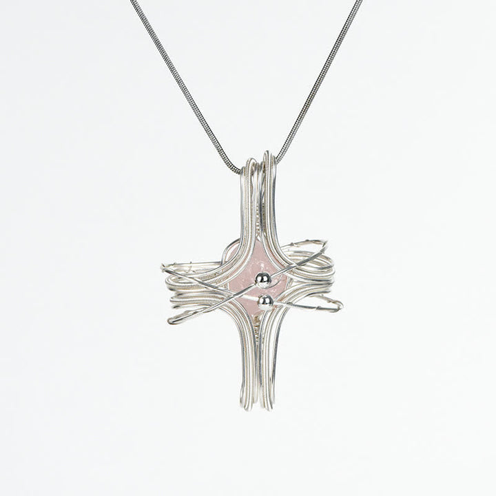 Olivenorma Natural Crystal Handwound Octahedral Planet Pendant Necklace - Rose Quartz - image 6