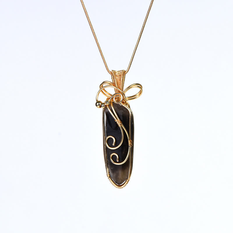 Olivenorma Natural Crystal Handwound Long Column Pendant Necklace - Smoky Quartz & Golden - image 2