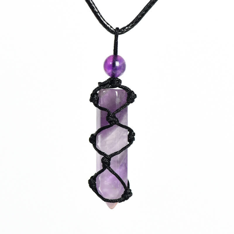 Olivenorma Crystal Column Woven Net Bag Knot Pendant Necklace - Amethyst - image 8