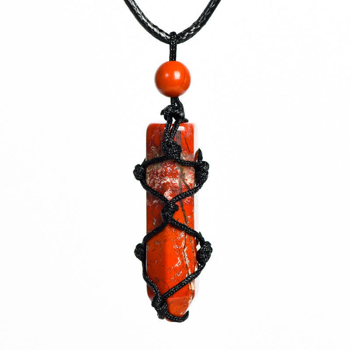 Olivenorma Crystal Column Woven Net Bag Knot Pendant Necklace - Red Jasper - image 1