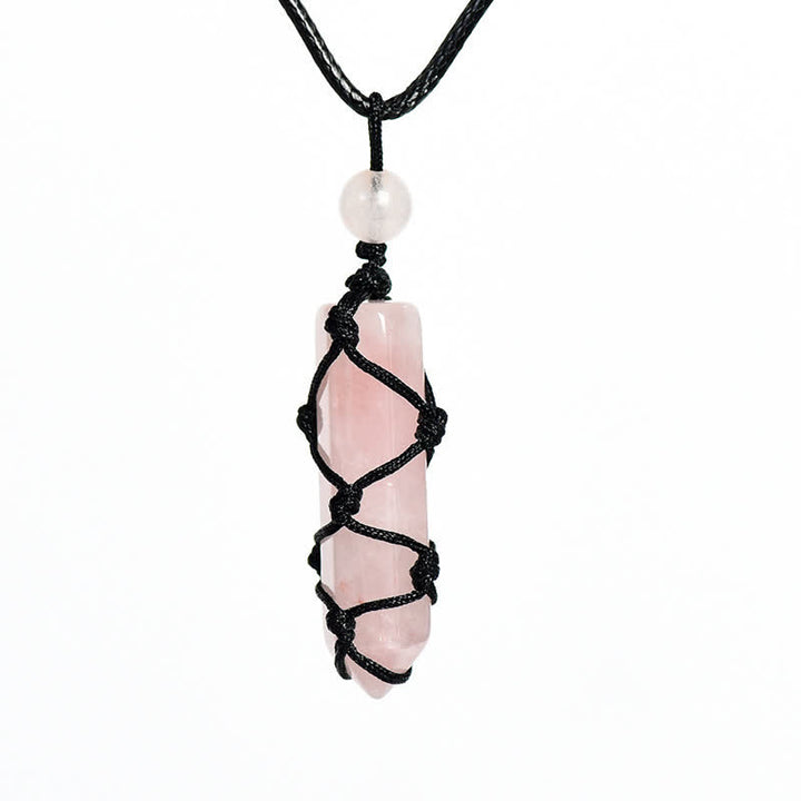 Olivenorma Crystal Column Woven Net Bag Knot Pendant Necklace - Rose Quartz - image 10
