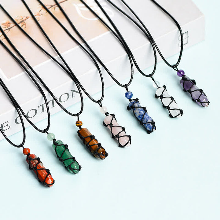 Olivenorma Crystal Column Woven Net Bag Knot Pendant Necklace - image 0