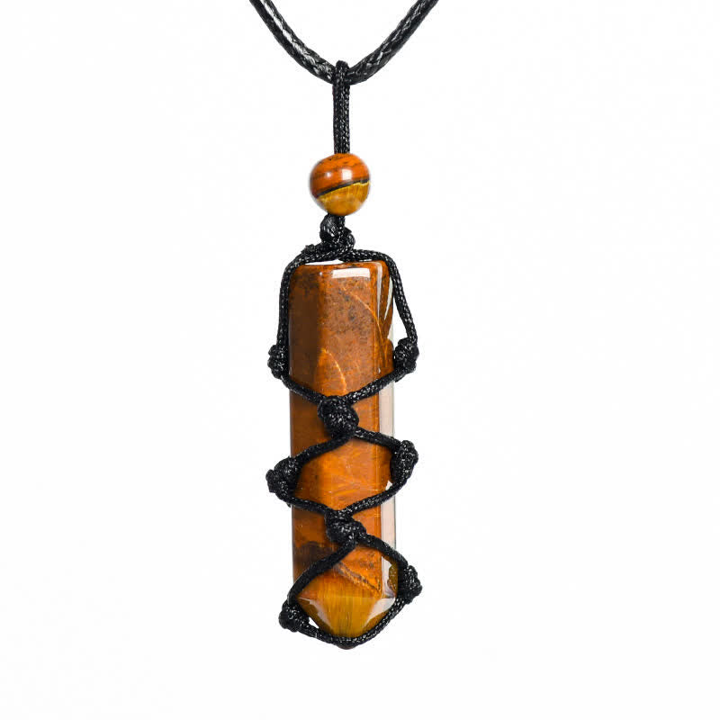 Olivenorma Crystal Column Woven Net Bag Knot Pendant Necklace - Tiger Eye - image 6