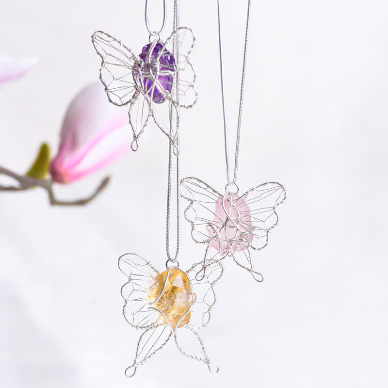 Olivenorma Natural Crystal Handwound Silver Wire Butterfly Pendant Necklace - image 0