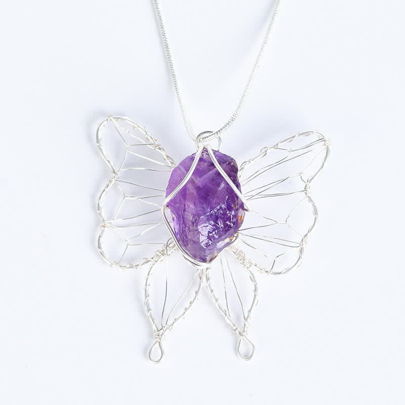 Olivenorma Natural Crystal Handwound Silver Wire Butterfly Pendant Necklace - Amethyst - image 1