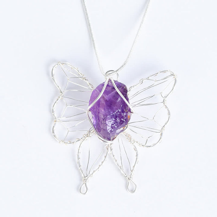 Olivenorma Natural Crystal Handwound Silver Wire Butterfly Pendant Necklace - Amethyst - image 1