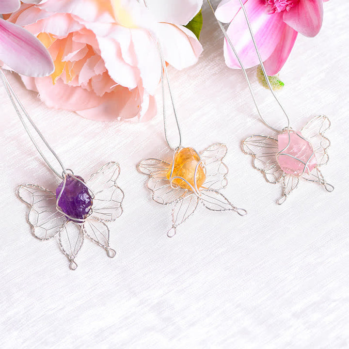 Olivenorma Natural Crystal Handwound Silver Wire Butterfly Pendant Necklace - image 8
