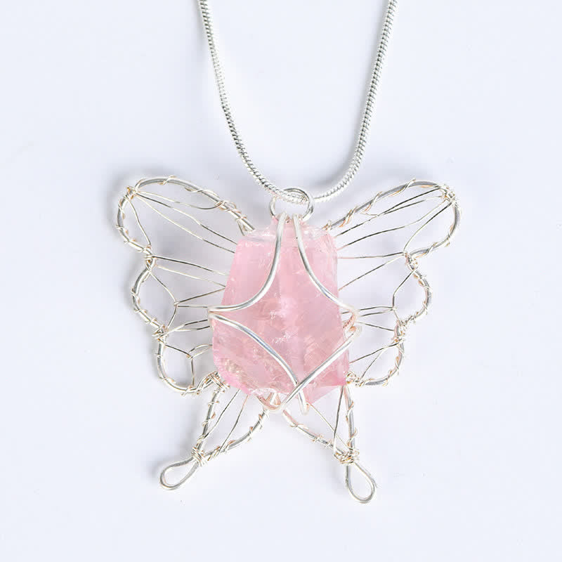 Olivenorma Natural Crystal Handwound Silver Wire Butterfly Pendant Necklace - Rose Quartz - image 6