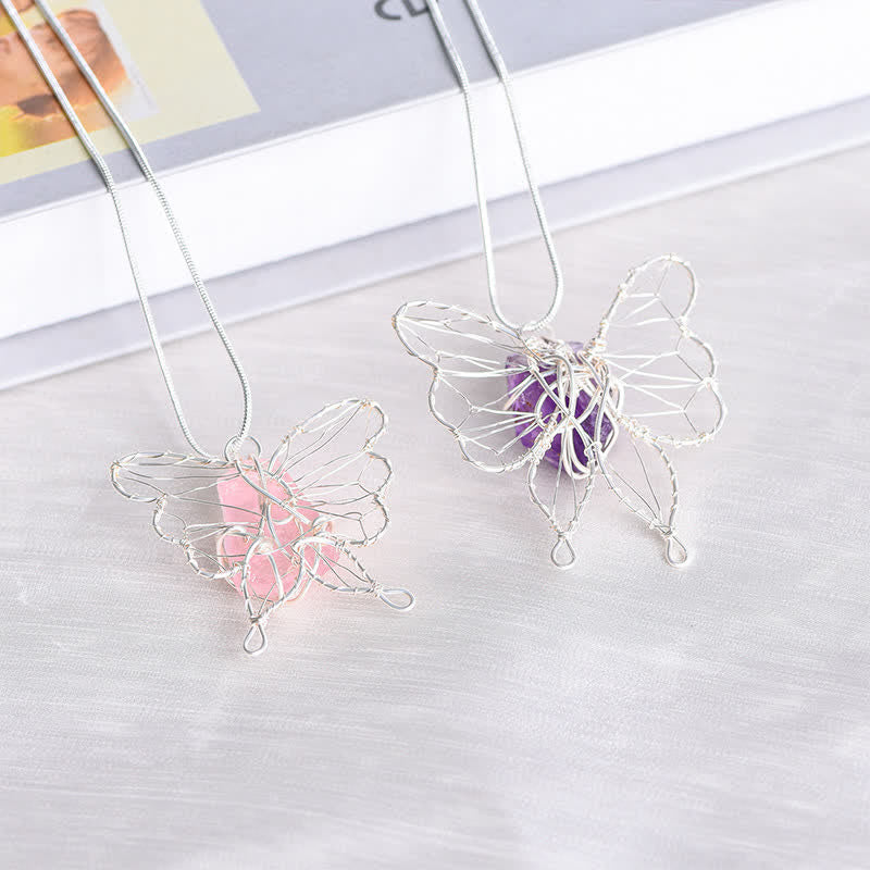 Olivenorma Natural Crystal Handwound Silver Wire Butterfly Pendant Necklace - image 9
