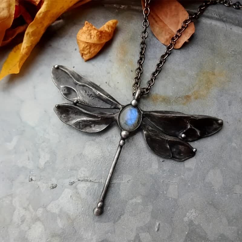 Olivenorma Inlaid Moonstone Dragonfly Pendant Alloy Necklace - Moonstone - image 0