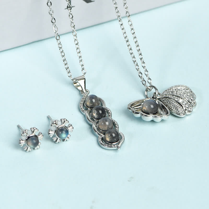Olivenorma Labradorite Shell Pea Pendant Necklace Snowflake Jewelry Set - Labradorite & Three-piece Set - image 5