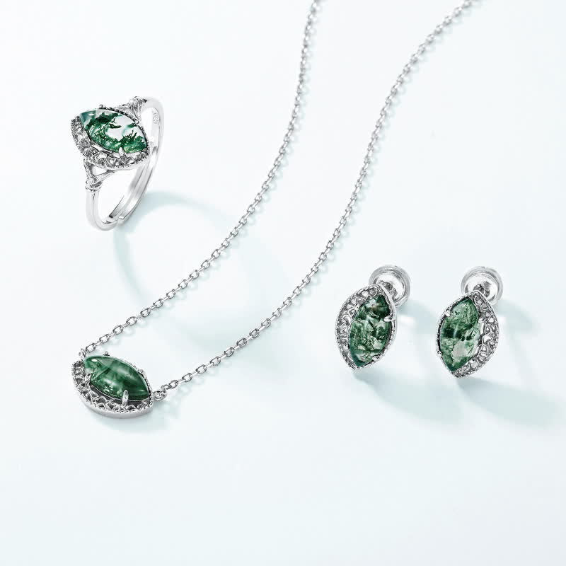 Olivenorma Silver Moss Agate Earrings Necklace Ring Jewelry Set - Jewelry Set - image 0