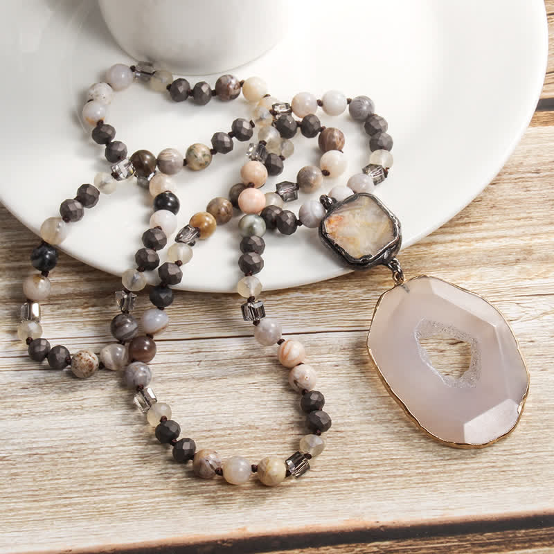 Olivenorma 8mm Beaded Bohemian Style Agate Pendant Necklace - image 1