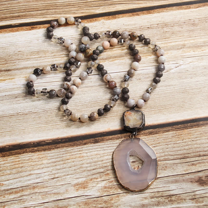 Olivenorma 8mm Beaded Bohemian Style Agate Pendant Necklace - Agate & White Agate - image 0