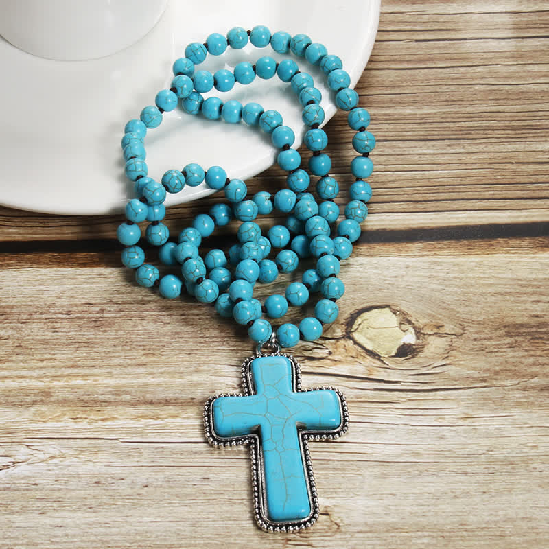 Olivenorma 8mm Blue White Turquoise Cross Pendant Necklace - image 1