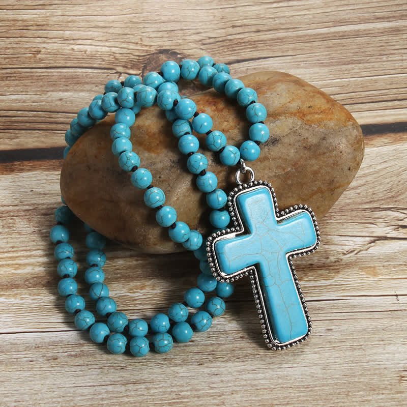 Olivenorma 8mm Blue White Turquoise Cross Pendant Necklace - image 2