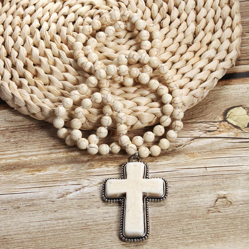Olivenorma 8mm Blue White Turquoise Cross Pendant Necklace - White Turquoise - image 5
