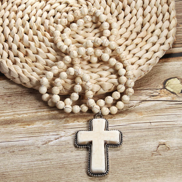 Olivenorma 8mm Blue White Turquoise Cross Pendant Necklace - White Turquoise - image 5