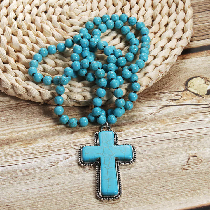 Olivenorma 8mm Blue White Turquoise Cross Pendant Necklace - Turquoise - image 0