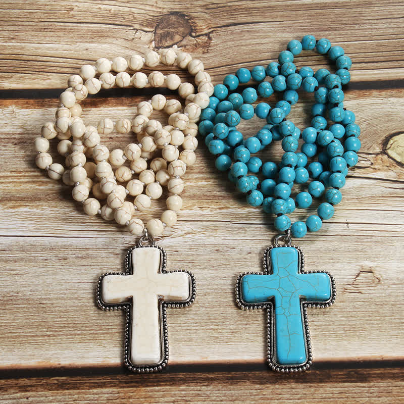Olivenorma 8mm Blue White Turquoise Cross Pendant Necklace - image 9