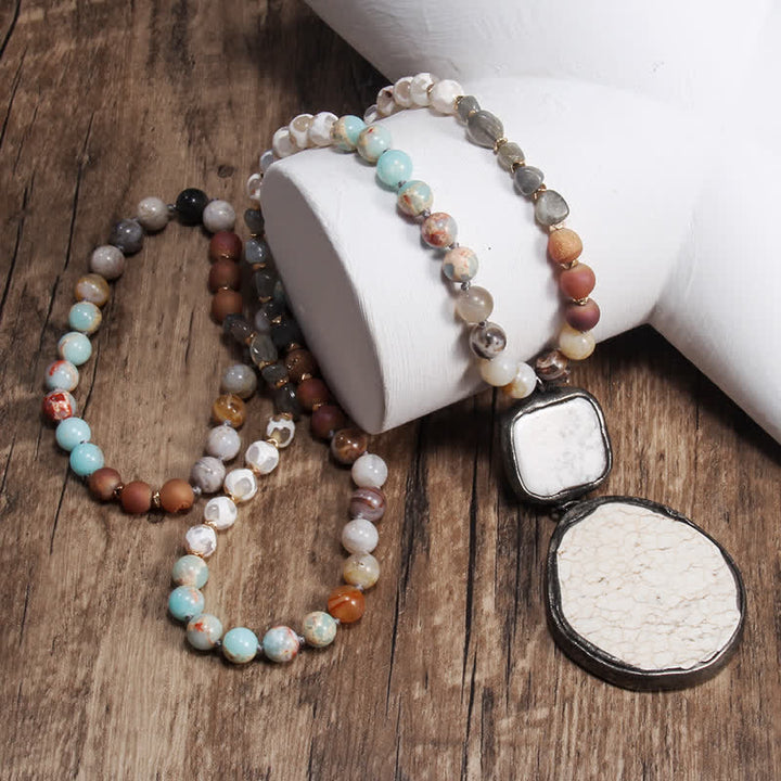 Olivenorma 8mm White Agate Turquoise Beads Pendant Necklace - White Agate & White Turquoise - image 0