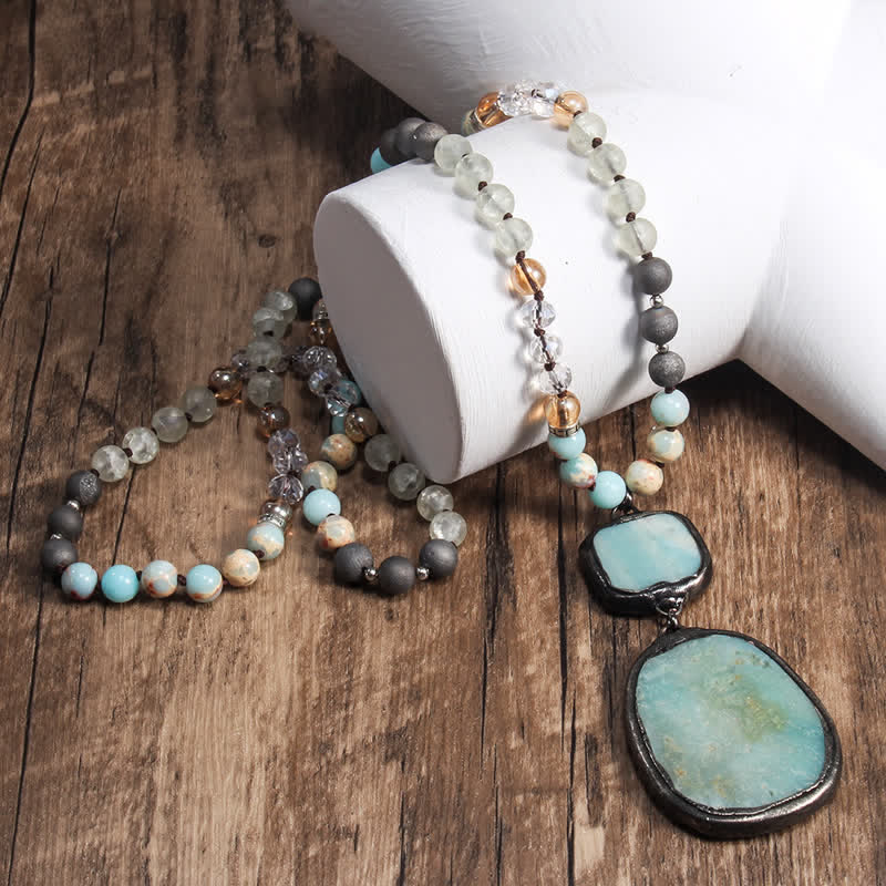 Olivenorma 8mm White Agate Turquoise Beads Pendant Necklace - Amazonite & Agalmatolite - image 6