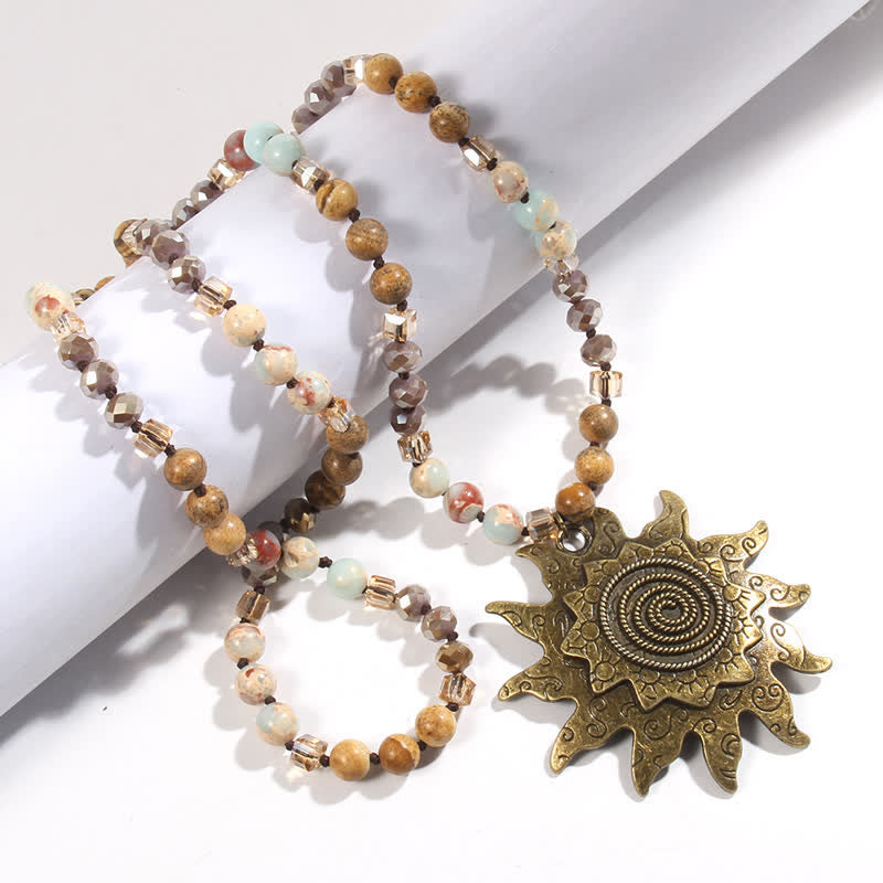 Olivenorma 8mm Natural Stone Beaded Sun Pendant Necklace - Picture Jasper & Agalmatolite - image 5