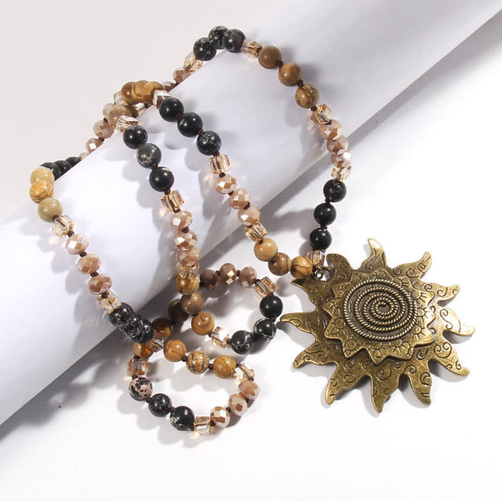 Olivenorma 8mm Natural Stone Beaded Sun Pendant Necklace - Picture Jasper & Snowflake Obsidian - image 0
