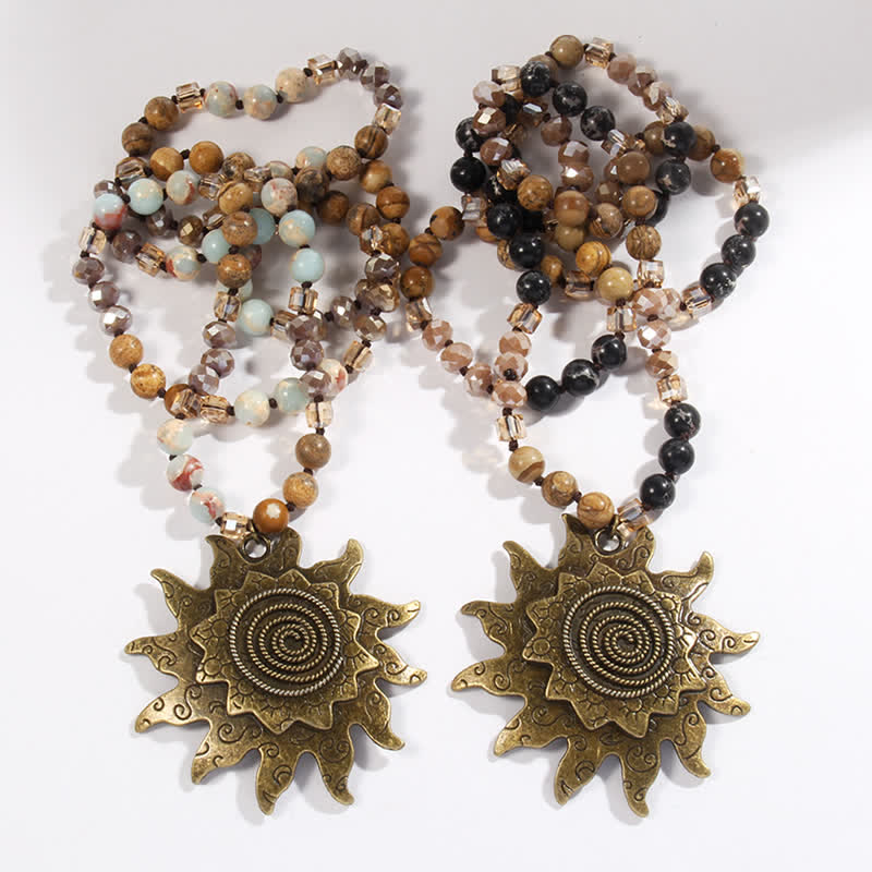 Olivenorma 8mm Natural Stone Beaded Sun Pendant Necklace - image 9