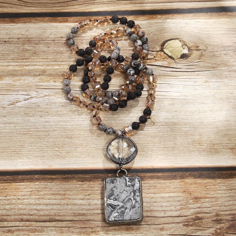 Olivenorma Natural Stone Beads Square Pendant Necklace - Grey Jasper & Lava Stone - image 0