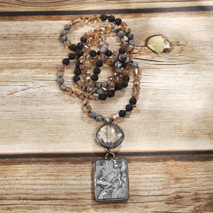 Olivenorma Natural Stone Beads Square Pendant Necklace - Grey Jasper & Lava Stone - image 0