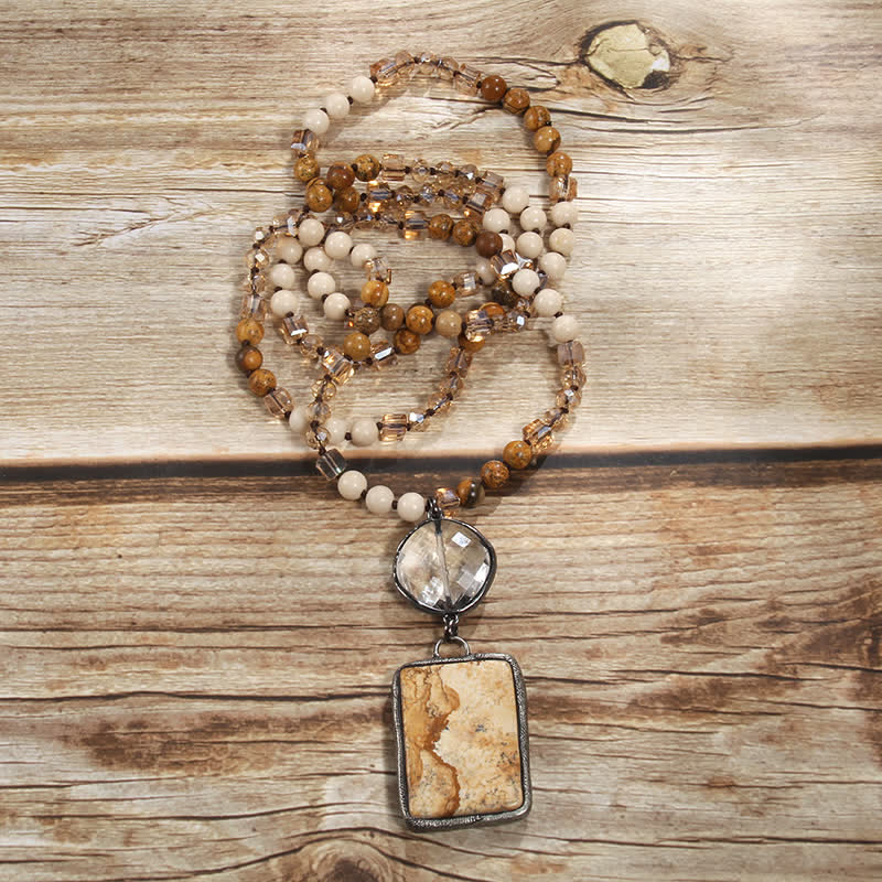 Olivenorma Natural Stone Beads Square Pendant Necklace - Picture Jasper - image 6