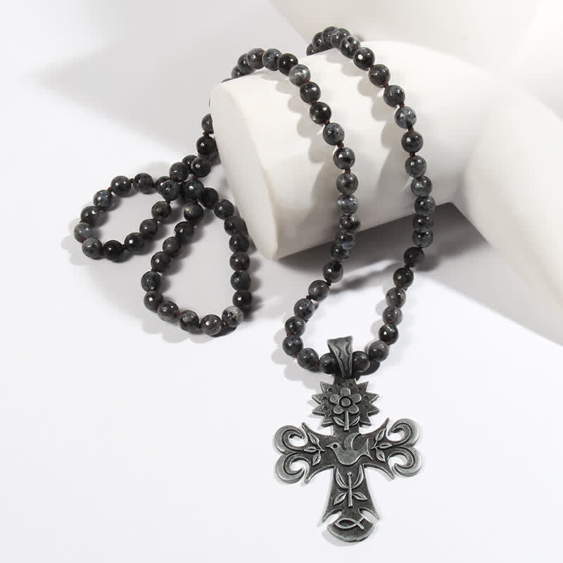 Olivenorma 8mm Labradorite Lava Stone Beads Cross Pendant Necklace - image 2