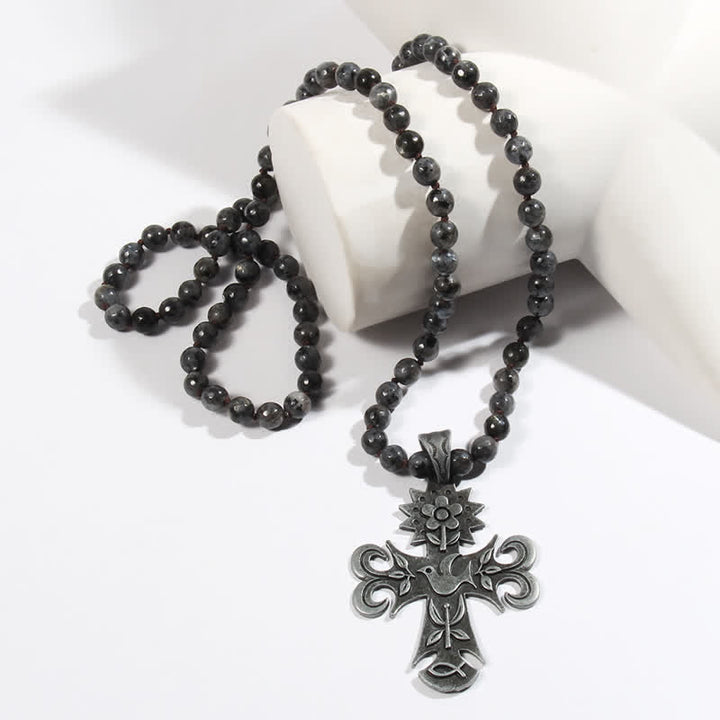 Olivenorma 8mm Labradorite Lava Stone Beads Cross Pendant Necklace - image 2