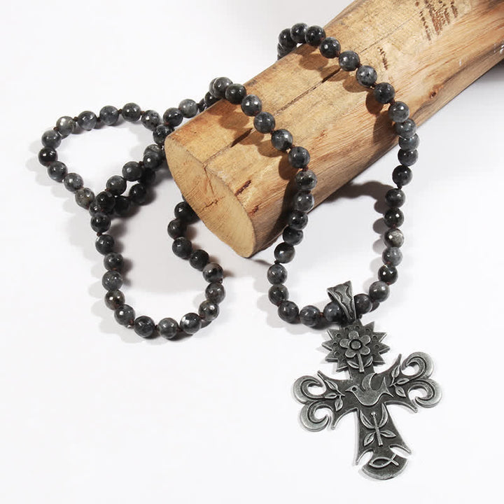 Olivenorma 8mm Labradorite Lava Stone Beads Cross Pendant Necklace - image 1