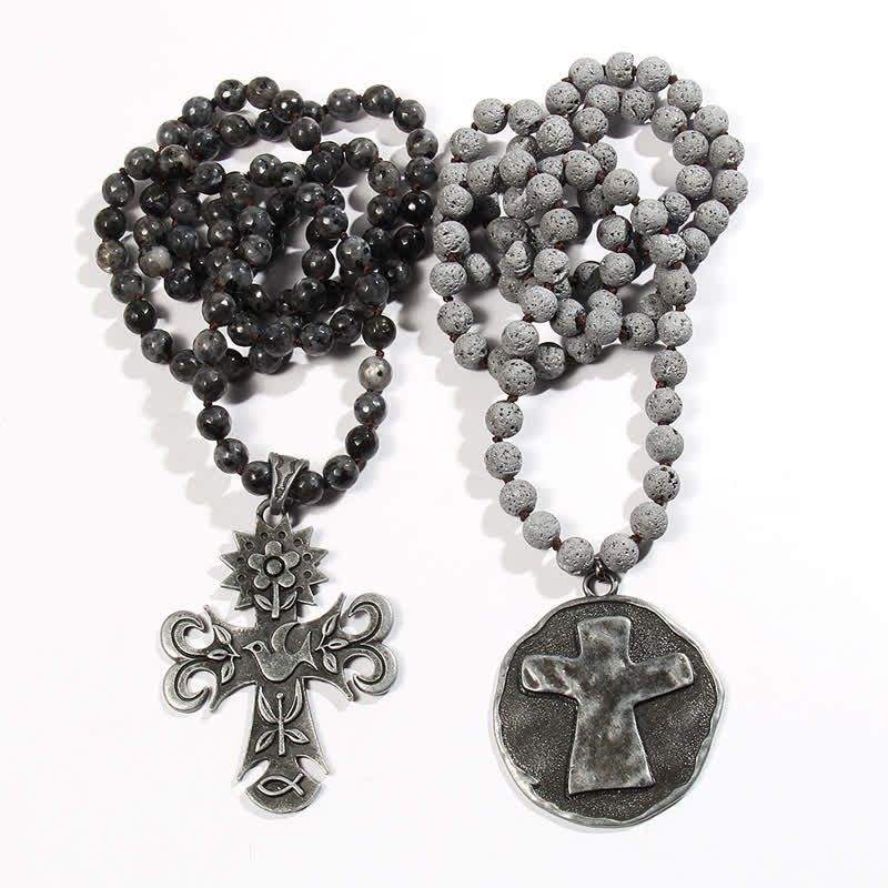 Olivenorma 8mm Labradorite Lava Stone Beads Cross Pendant Necklace - image 12