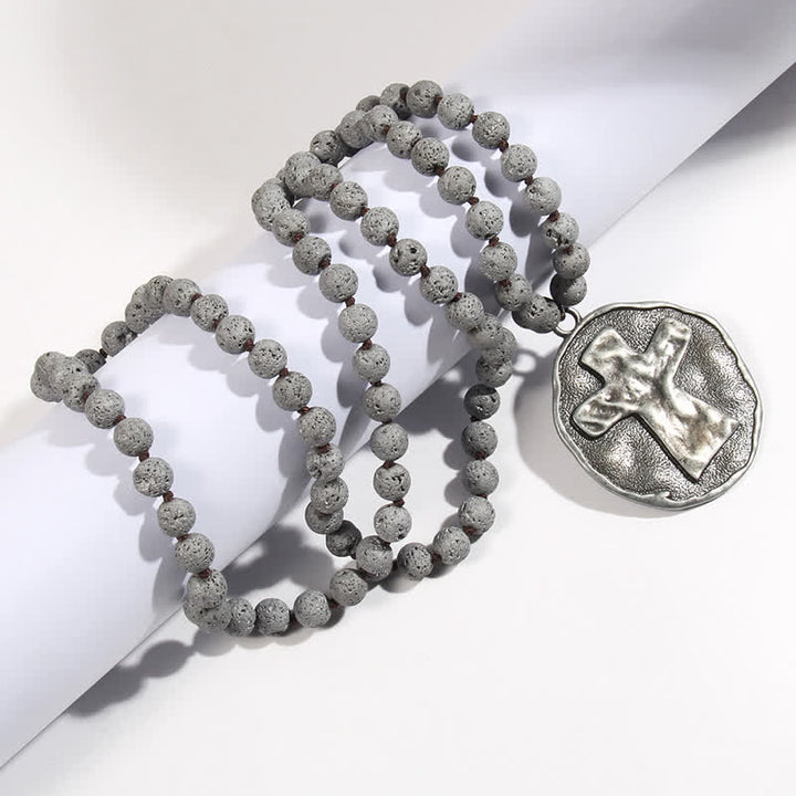 Olivenorma 8mm Labradorite Lava Stone Beads Cross Pendant Necklace - Lava Stone - image 6