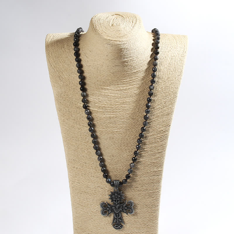 Olivenorma 8mm Labradorite Lava Stone Beads Cross Pendant Necklace - image 4