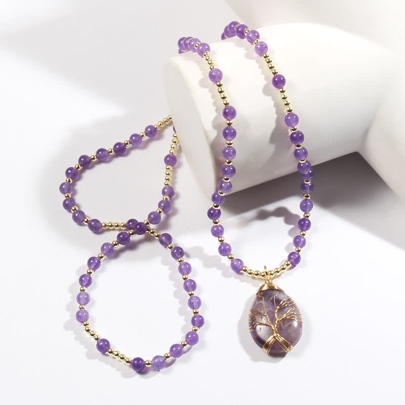 Olivenorma Stone Beads Tree Of Life Drop Pendant Necklace - Amethyst - image 0