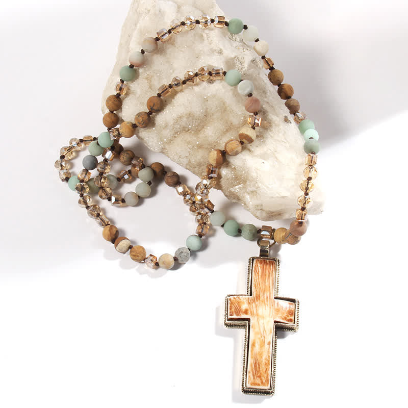 Olivenorma Natural Stone Beads Resin Cross Pendant Necklace - Picture Jasper & Amazonite - image 3