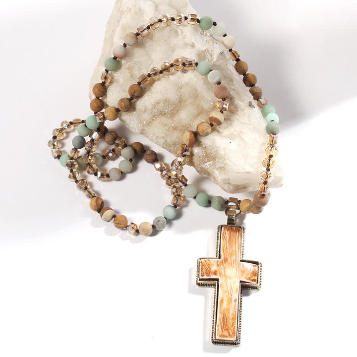Olivenorma Natural Stone Beads Resin Cross Pendant Necklace - Picture Jasper & Amazonite - image 3