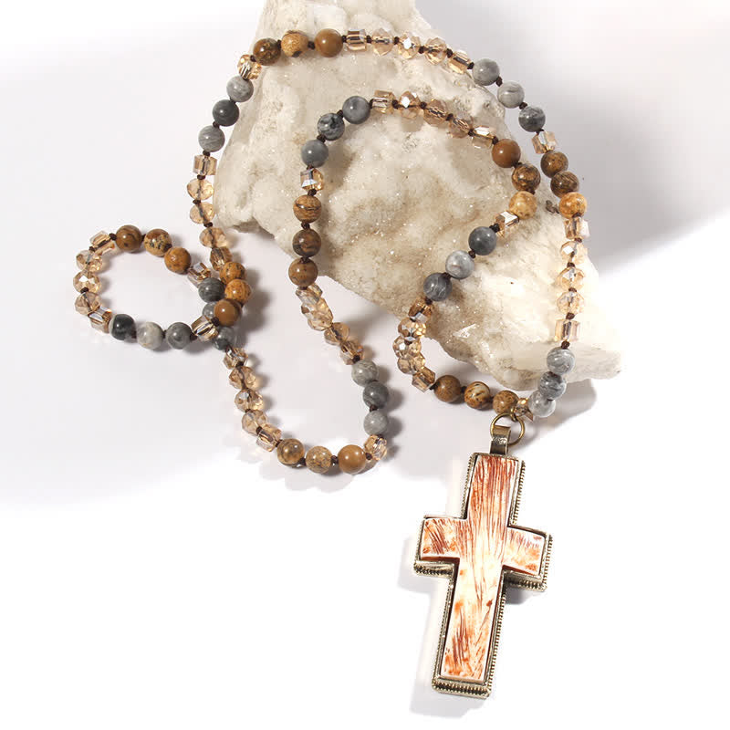 Olivenorma Natural Stone Beads Resin Cross Pendant Necklace - Picture Jasper & Grey Jasper - image 8