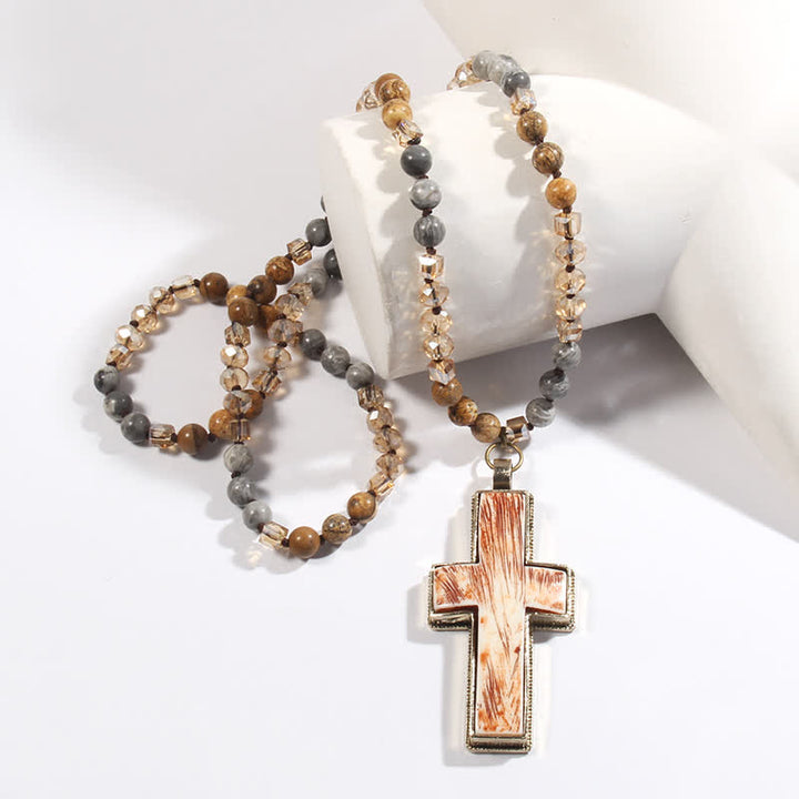 Olivenorma Natural Stone Beads Resin Cross Pendant Necklace - image 0