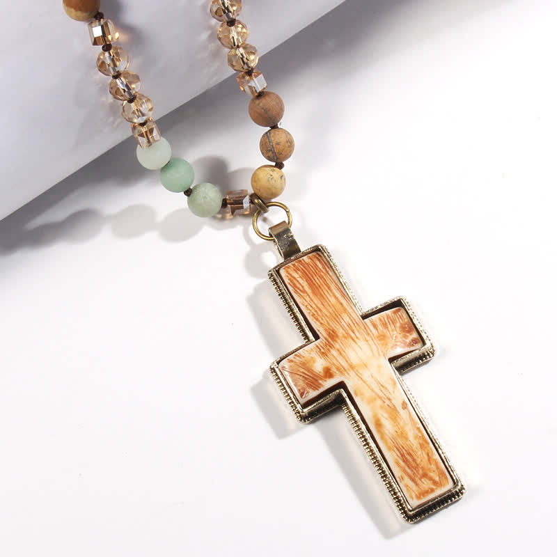 Olivenorma Natural Stone Beads Resin Cross Pendant Necklace - image 4