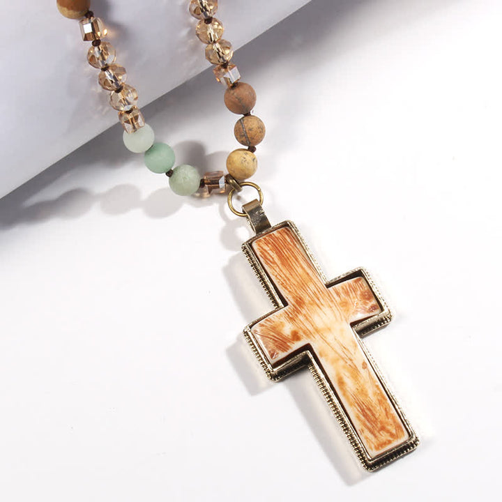 Olivenorma Natural Stone Beads Resin Cross Pendant Necklace - image 4